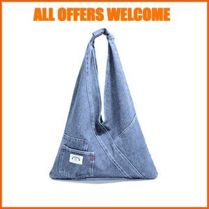 Denim Shoulder Bag Foldable Tote Lightweight Wear-Resistant Fabric